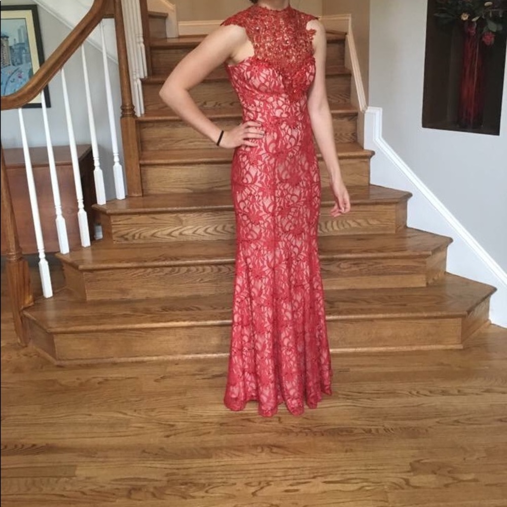 Red lace prom dress